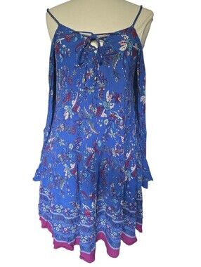 Xhilaration Blue Paisley Floral Cold Shoulder Mini Dress Lace Up Boho Ruffle - L